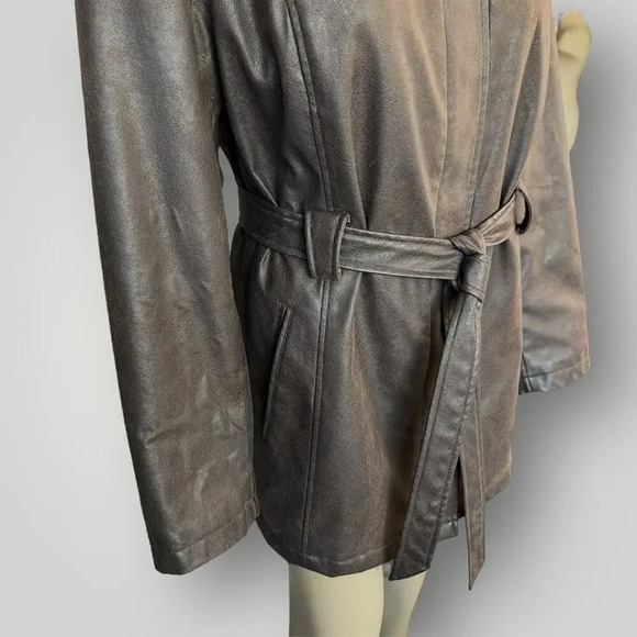 Giacca Vintage Faux Leather Belted Peacoat Jacket Faux Fur Collar Size XL Brown - Picture 7 of 16